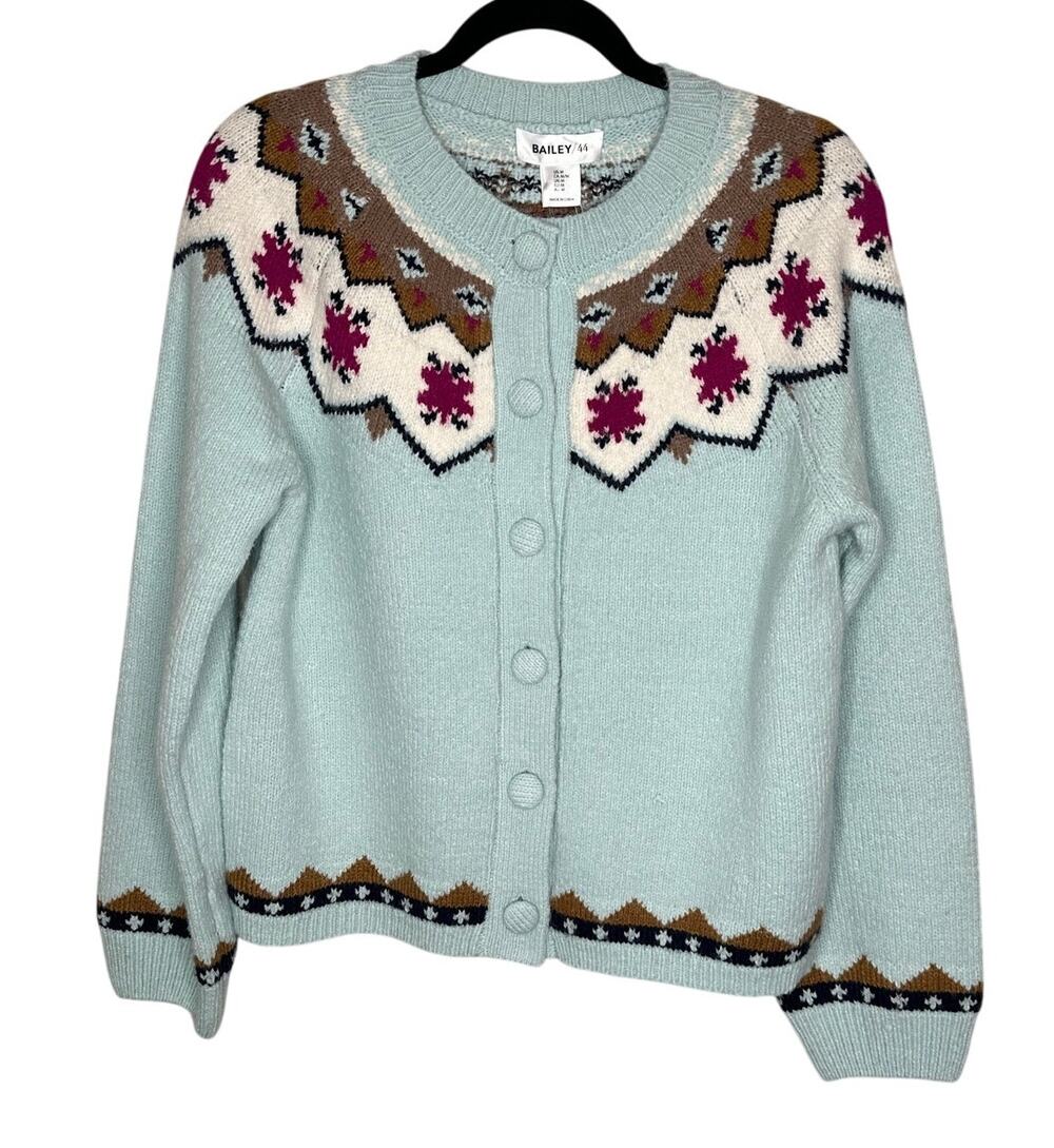 Bailey 44 NWT Blue Pink Fair Isle Nordic Knit Cardigan Sweater M Boho Coastal